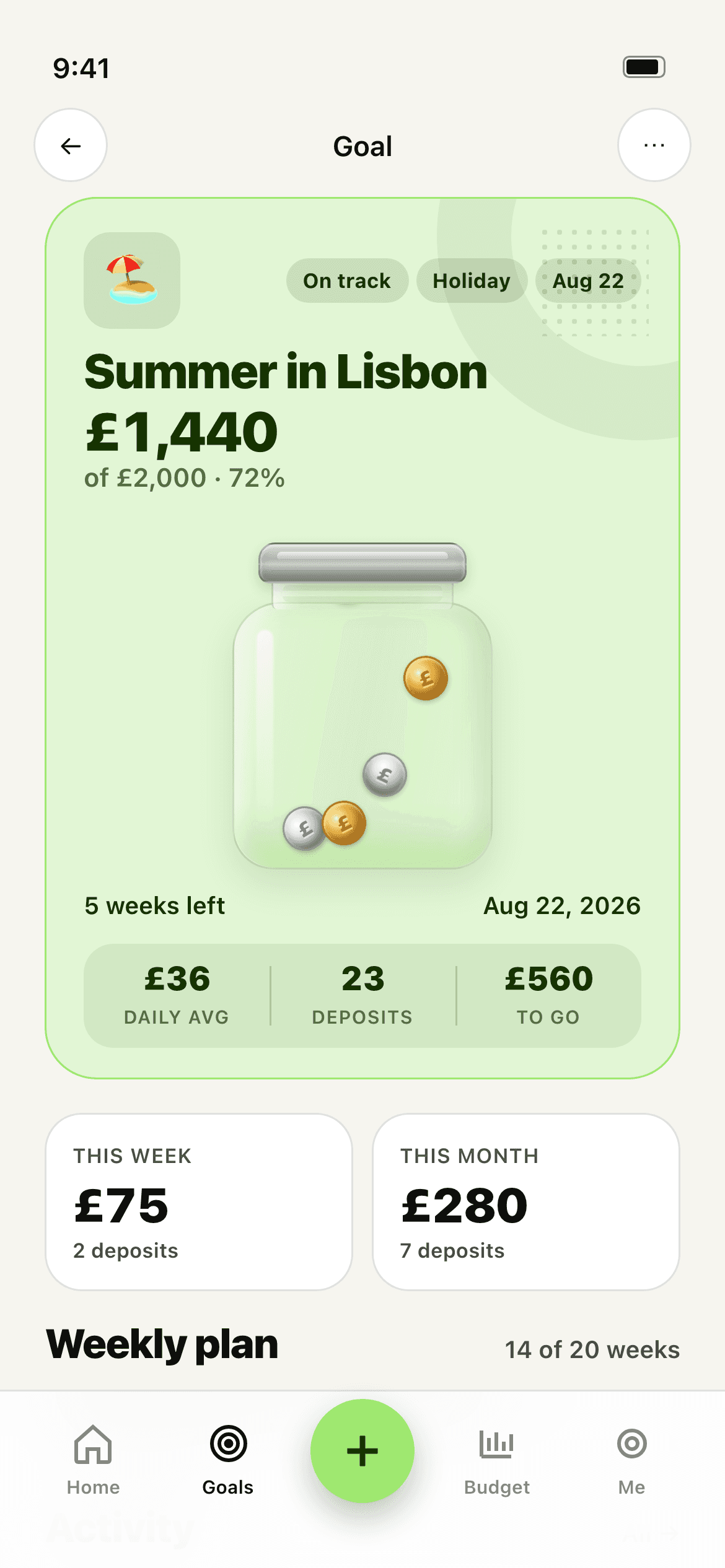 The Stash app — a goal jar opened for a Lisbon holiday, 72% of the target saved