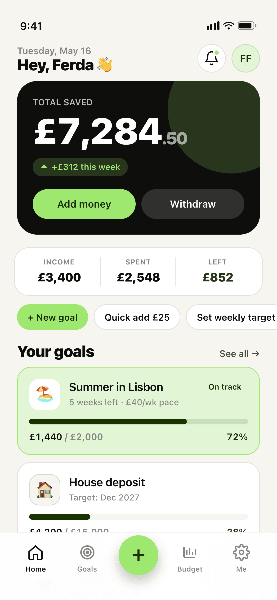 Stash home screen — total savings, monthly budget pulse and goal cards