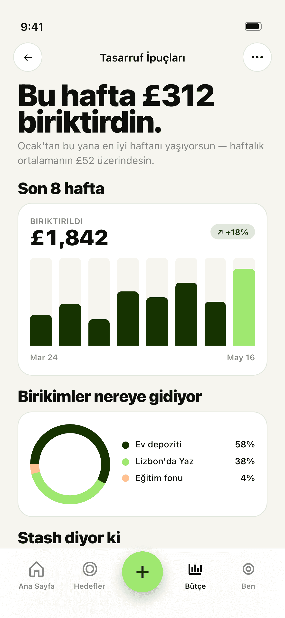 Stash içgörüler ekranı — birikim özeti ve haftalık ritim grafiği
