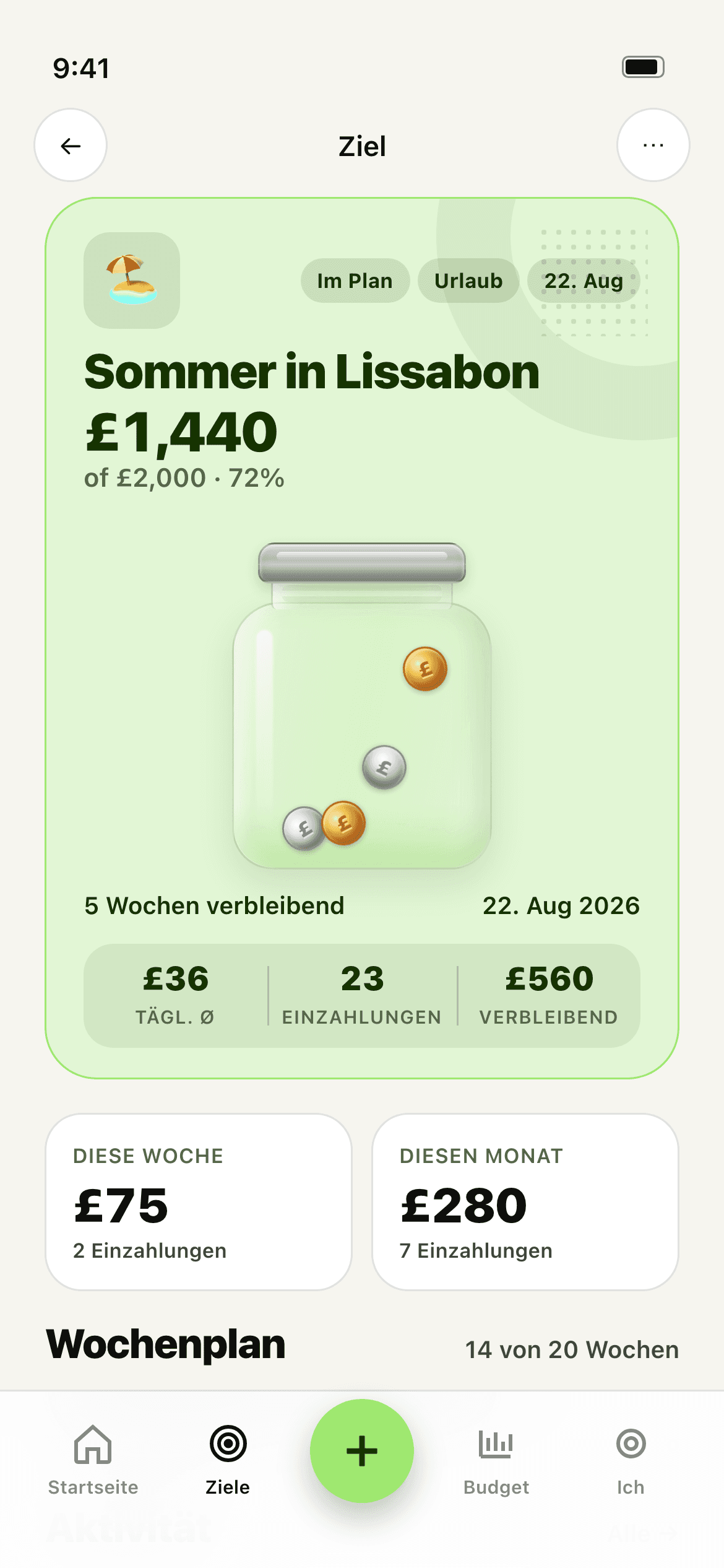 Die Stash-App — ein Sparglas für einen Lissabon-Urlaub, 72 % des Ziels gespart