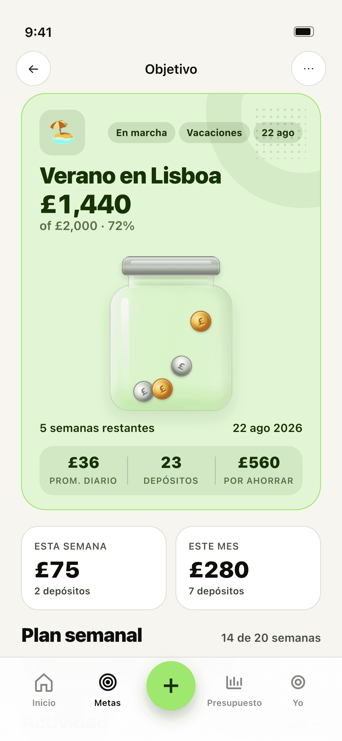 La app Stash — un tarro de meta abierto para unas vacaciones en Lisboa, 72 % del objetivo ahorrado