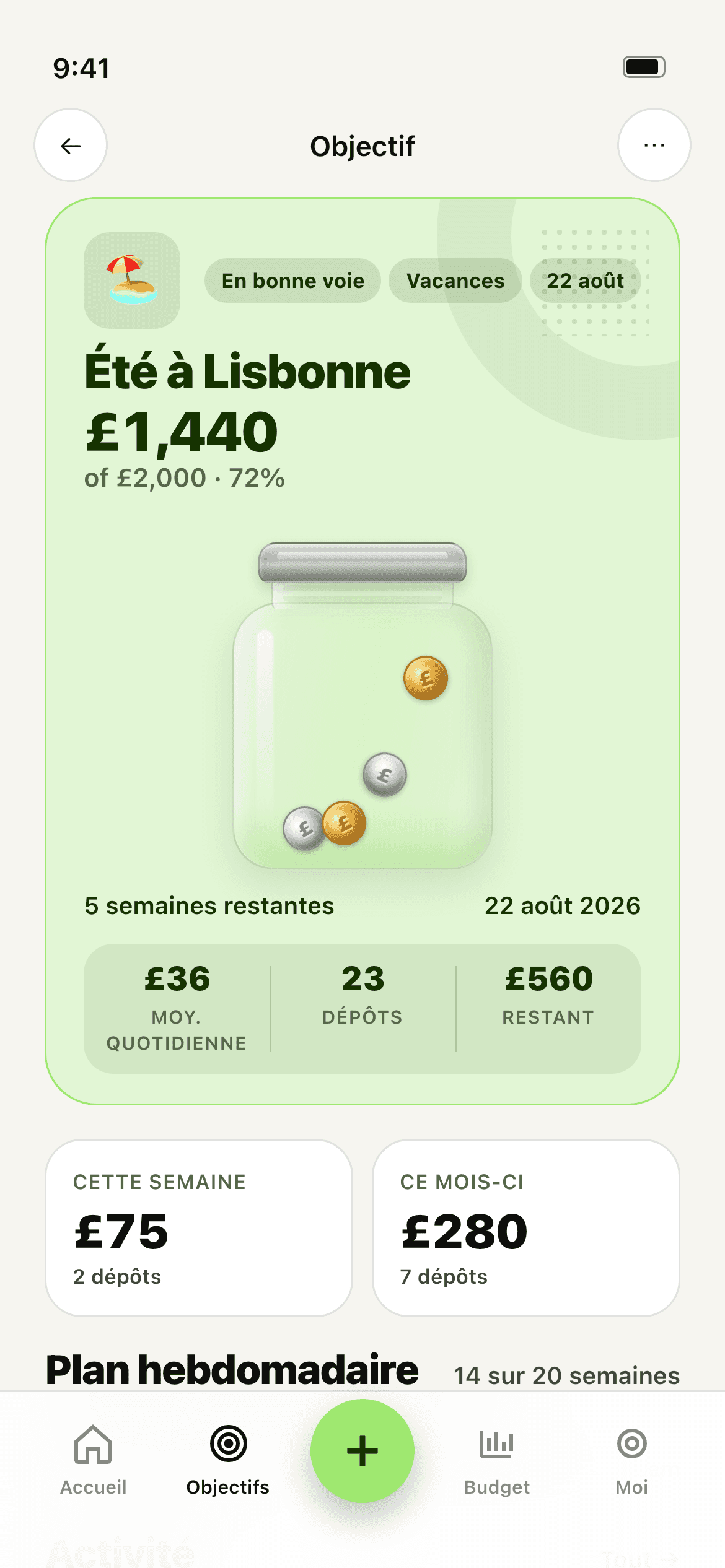 L'appli Stash — un bocal d'objectif ouvert pour des vacances à Lisbonne, 72 % de l'objectif épargné