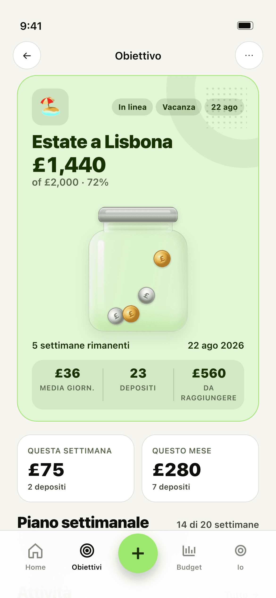 L'app Stash — un barattolo obiettivo aperto per una vacanza a Lisbona, 72% del traguardo risparmiato