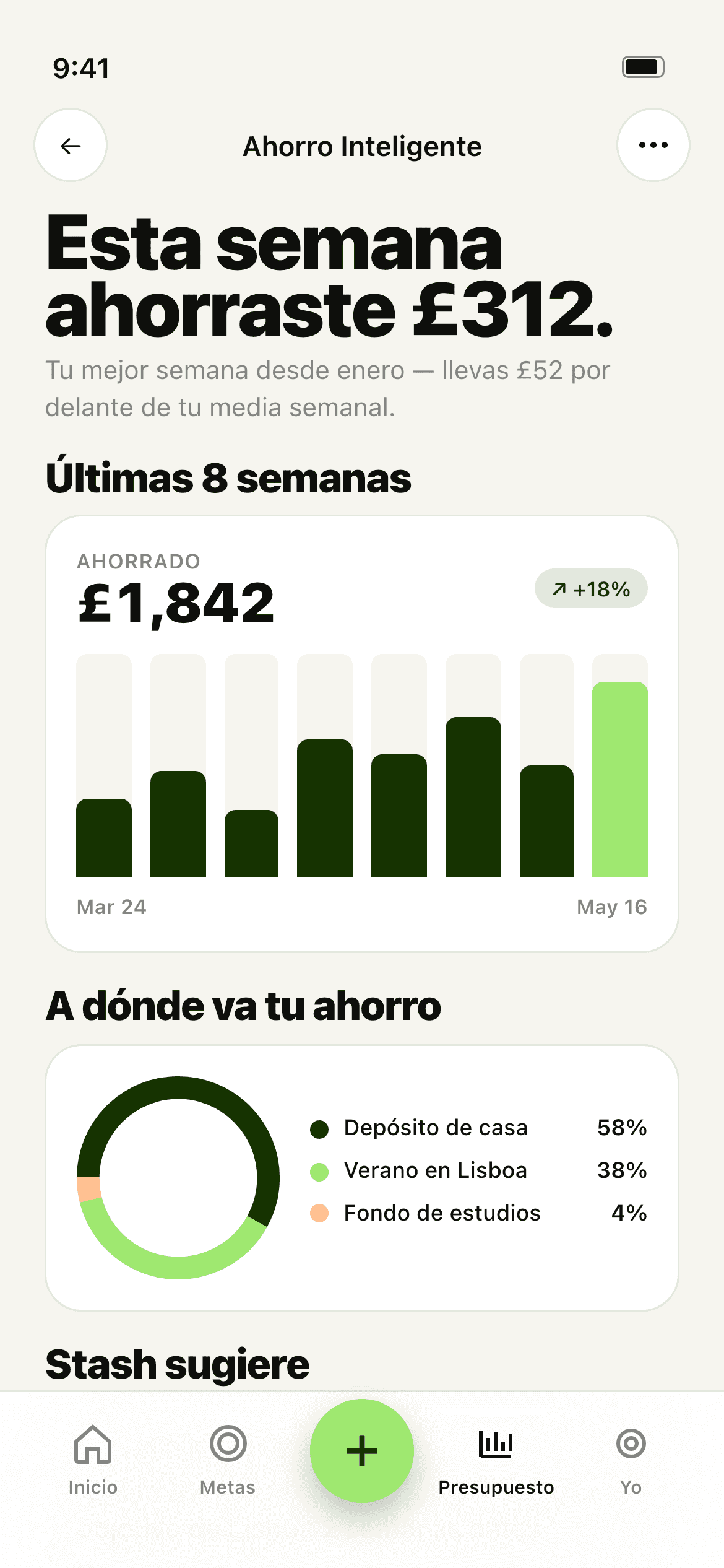 Pantalla de ideas de Stash — resumen de ahorro y gráfico de ritmo semanal